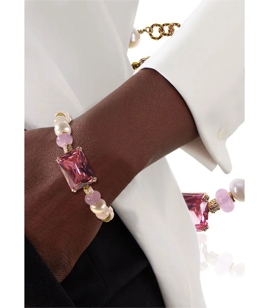 Tessin bracelet with pink glass stone, pearls & tourmaline – 24K/18K gold plated – Inspirations – View 1
