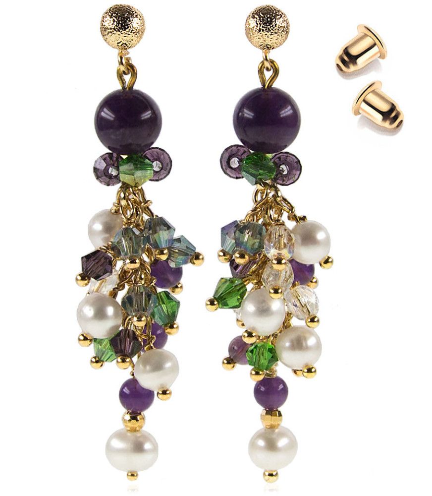 Azureus 24K Ohrhänger mit Süßwasserperlen, Amethyst, Glaskristallen – Ohrringe – Ansicht 1