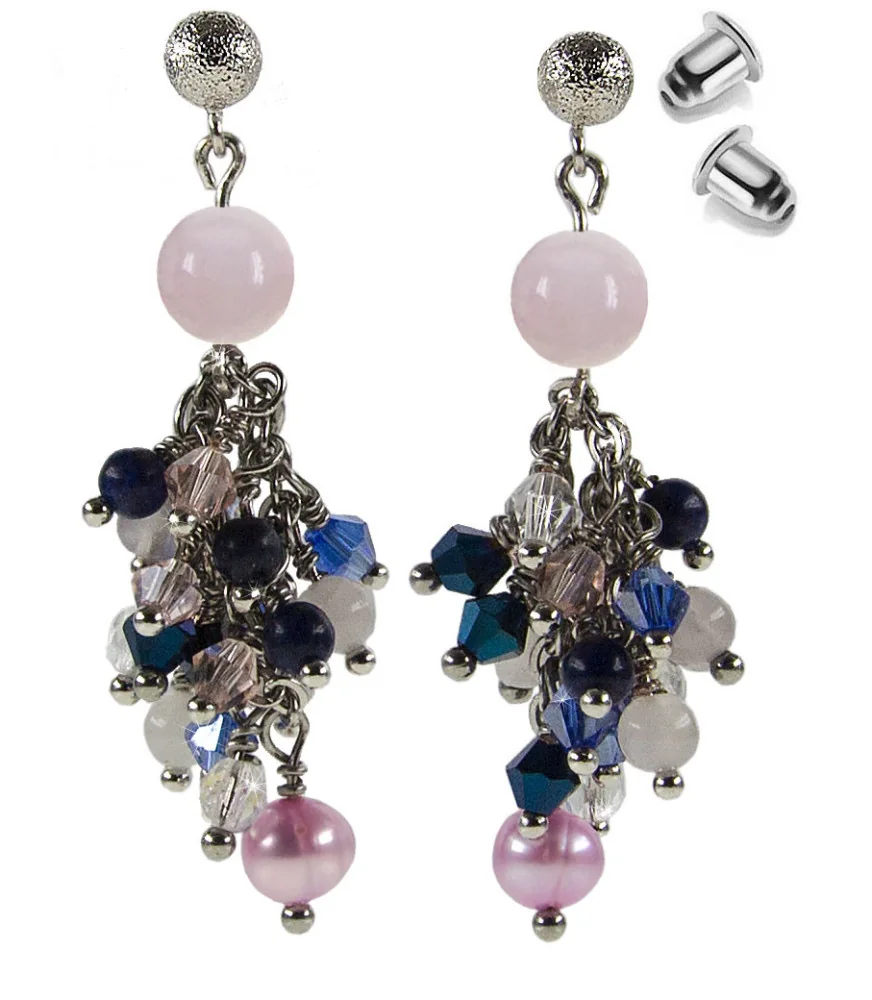 Santorini earrings with freshwater pearls, rose quartz, lapis lazuli – Earrings – View 1