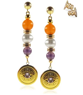 'Anthea' 24K Ohrhänger mit Perlen, Chalcedony, Amethyst – Earrings – View 1