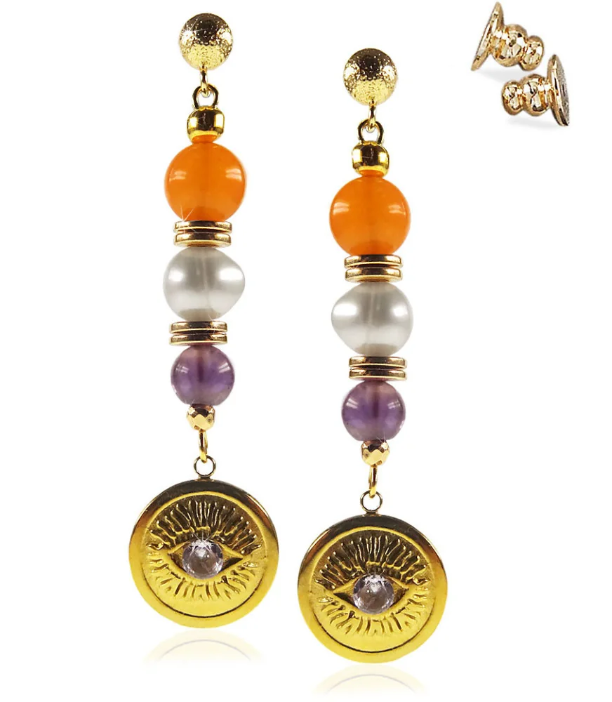 Anthea 24K Ohrhänger mit Perlen, Chalcedony, Amethyst – Ohrringe – Ansicht 1