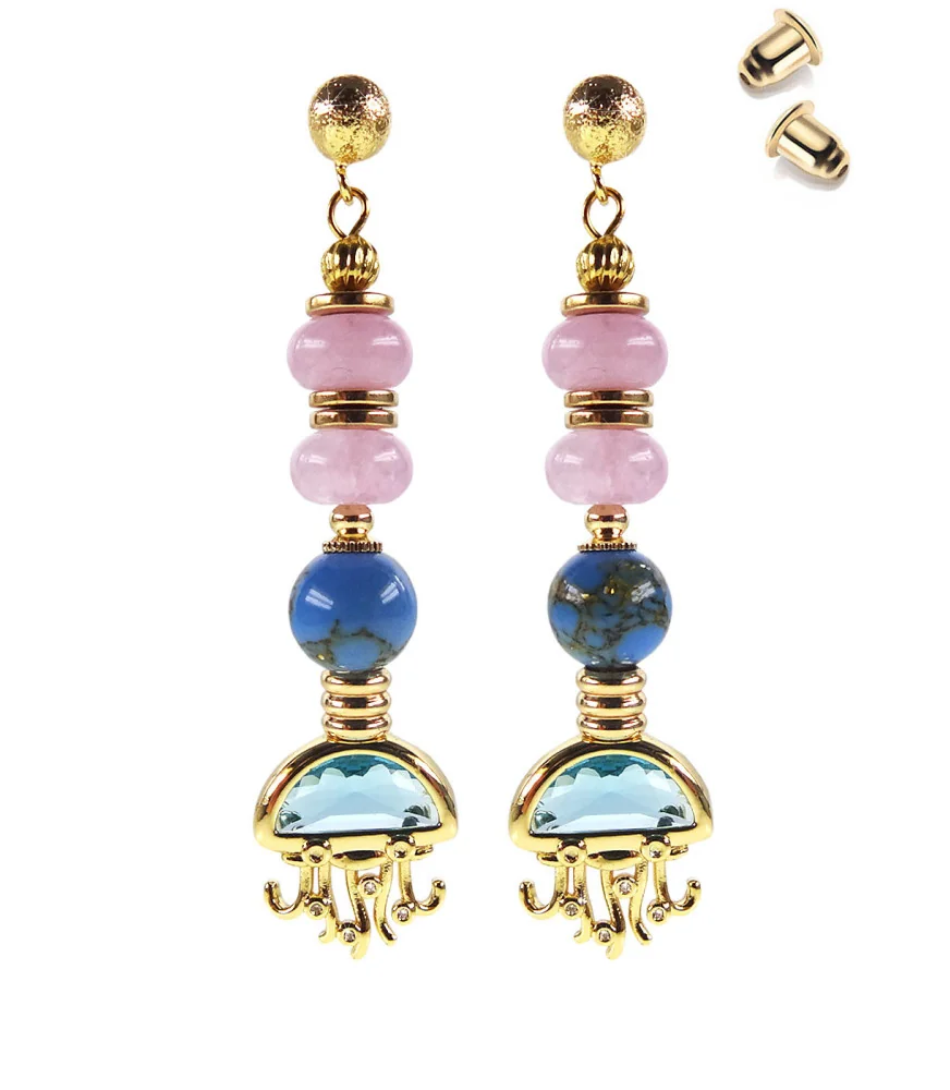 'Méduse de mer' 24K Ohrhänger mit Meeres Qualle,Türkis,Chalcedony – Earrings – View 1