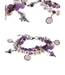 Beau 3-reih. Armband mit Süßwasserperlen, Granat, Amethyst, Rosenquarz, Armbänder