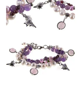Beau 3-reih. Armband mit Süßwasserperlen, Granat, Amethyst, Rosenquarz – Armbänder – Ansicht 1