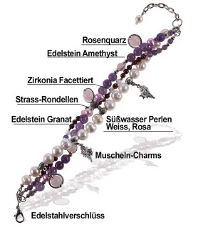 Beau 3-reih. Armband mit Süßwasserperlen, Granat, Amethyst, Rosenquarz – Armbänder – Ansicht 4