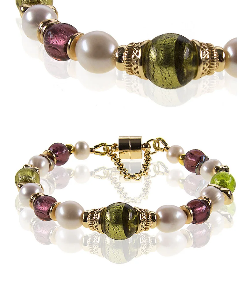 Couronne Armband mit Süßwasserperlen, Muranoglas, 24K Gold – Armbänder – Ansicht 1