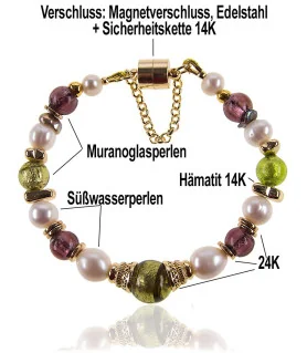 Couronne Armband mit Süßwasserperlen, Muranoglas, 24K Gold – Armbänder – Ansicht 4