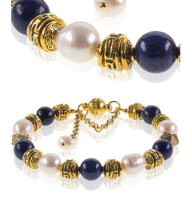 Noble Armband mit Lapislazuli, Süßwasserperlen, Retro Rondellen, Armbänder
