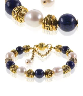 Noble Armband mit Lapislazuli, Süßwasserperlen, Retro Rondellen – Armbänder – Ansicht 1