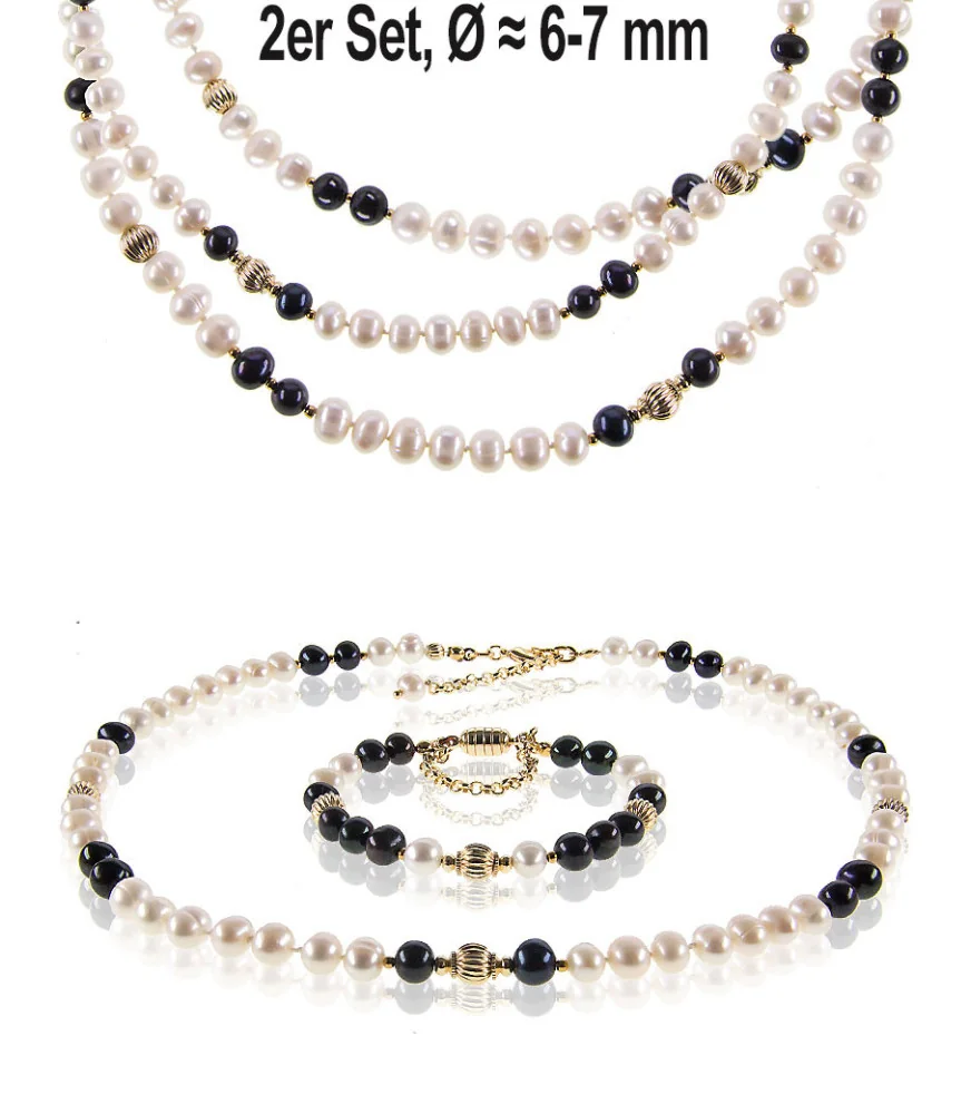 Élégance 2-tlg.Set Perlenkette & Perlenarmband, Weiß-Schwarz – Schmucksets – Ansicht 1
