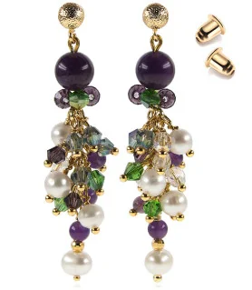 Azureus 2-piece luxury set, pearl bracelet & earrings, amethyst, glass crystals, 14K gold – Jewelry sets – View 4