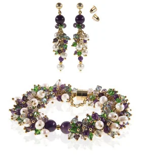 Azureus 2-tlg.Luxus Set, Perlenarmband & Ohrhänger, Amethyst, Glaskristallen, 14K Gold – Schmucksets – Ansicht 1