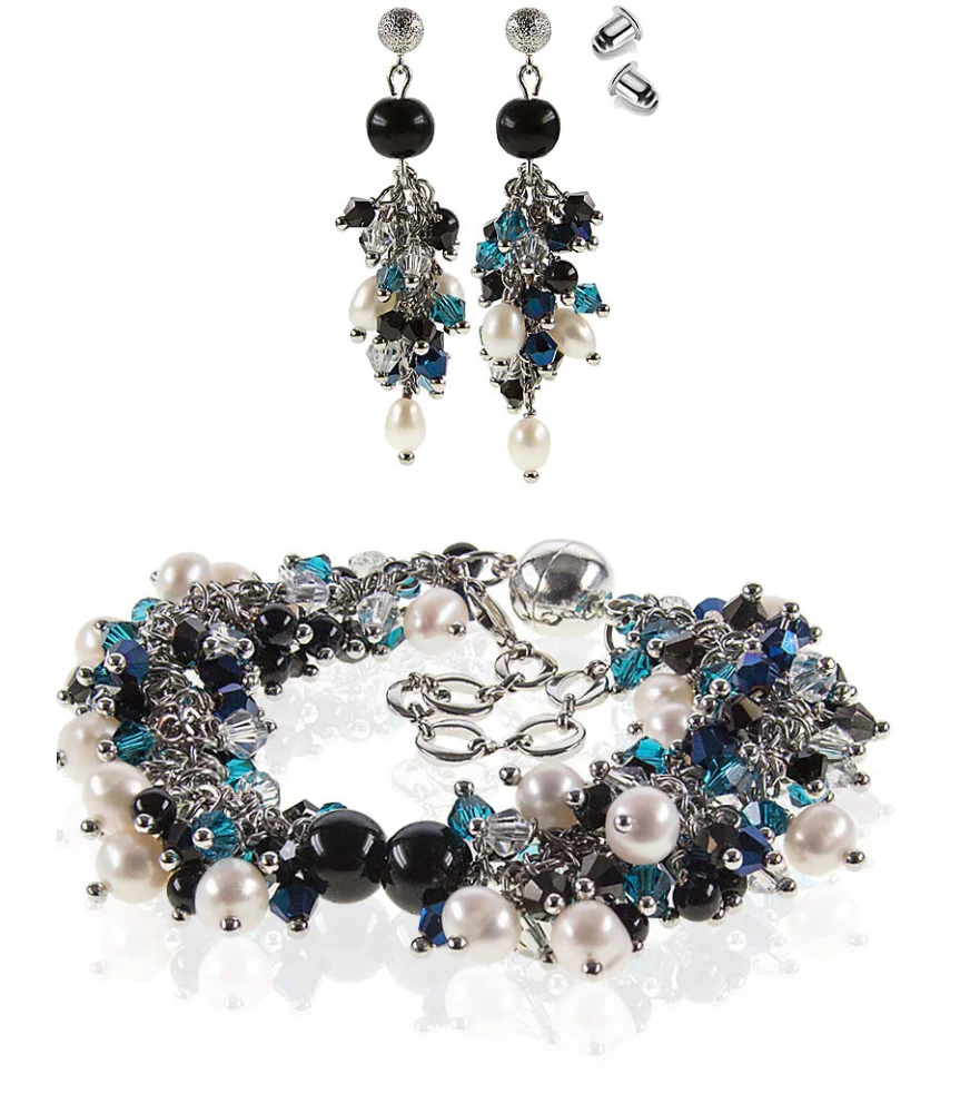 Onyx Noir 2-tlg. Luxus Set, Perlen Armband & Ohrhänger, Glaskristallen, Edelstahl – Schmucksets – Ansicht 1