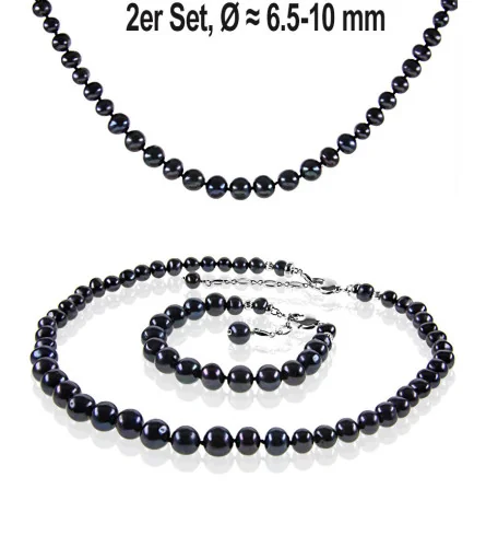 Classique 2-tlg.Set, Perlenkette & Perlenarmband, 6-10mm, Schwarz – Schmucksets – Ansicht 1
