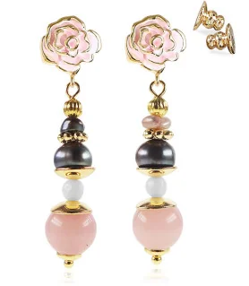 18K rose gold earrings with freshwater pearls, rose quartz, onyx – Inspirations – View 1