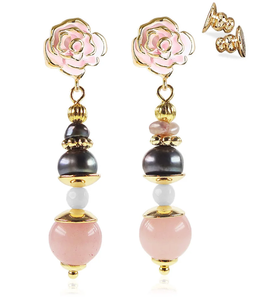 Rose dorée 18K Ohrhänger mit Süßwasserperlen, Rosenquarz, Onyx – Inspirationen – Ansicht 1