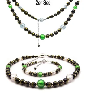 Black jade 2-piece set, necklace & bracelet, jade, Murano glass – Jewelry sets – View 1