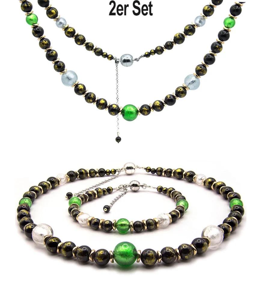 Jade noir 2 tlg. Set, Kette & Armband, Jade, Muranoglas – Schmucksets – Ansicht 1