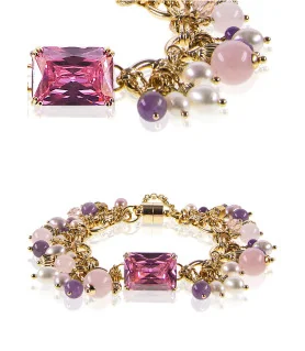Tessin Gliederarmband mit 24K Gold, echten Perlen, Rosenquarz & Amethyst – Armbänder – Ansicht 1