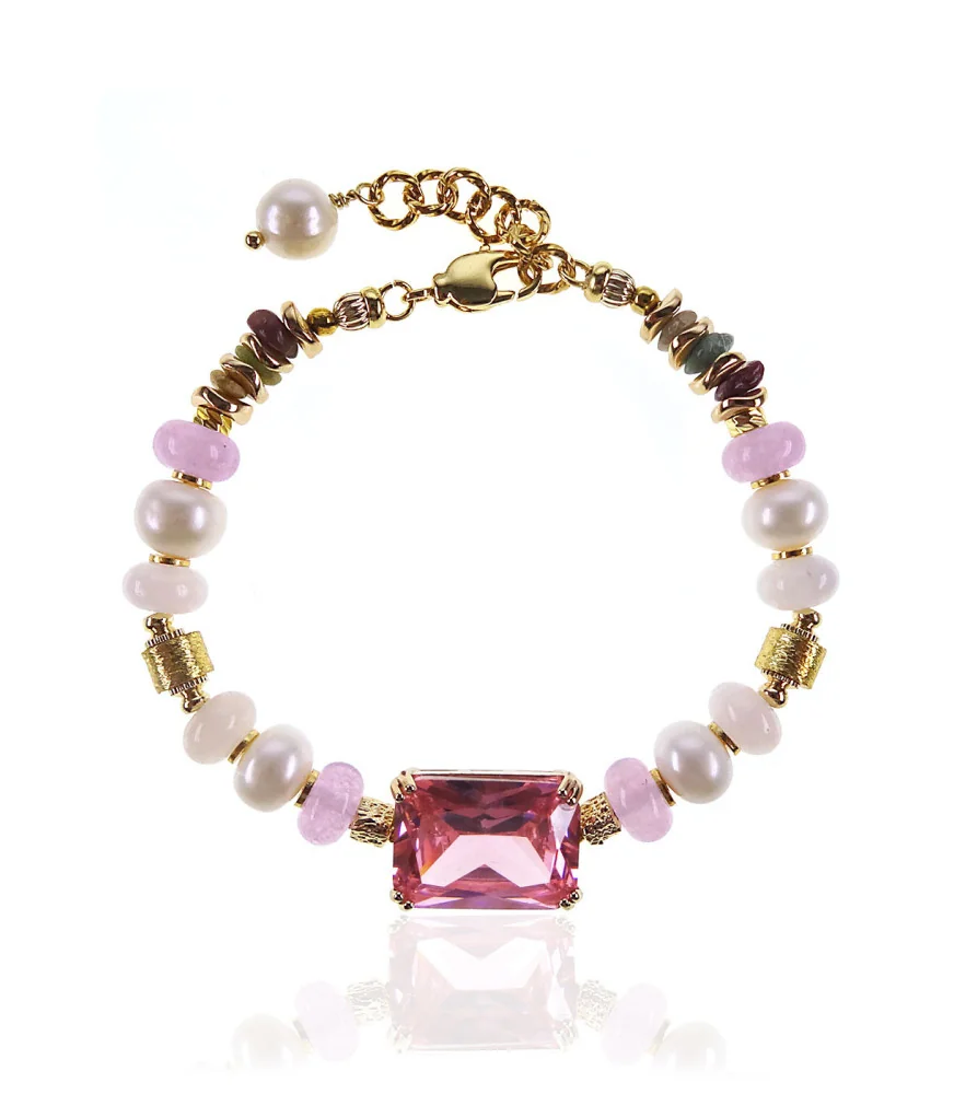 Tessin bracelet with pink glass stone, pearls & tourmaline – 24K/18K gold plated – Bracelets – View 2