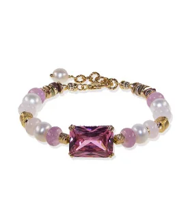 Tessin bracelet with pink glass stone, pearls & tourmaline – 24K/18K gold plated – Bracelets – View 3