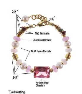 Tessin bracelet with pink glass stone, pearls & tourmaline – 24K/18K gold plated – Bracelets – View 4